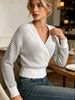 White Grey Stripe Cross Wrap Pit Rib Knit Sweater, Loose V Neck Lightweight Breathable Soft Skin-touch Long Sleeve Pullover_ecoleips.com