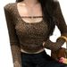 Aria Basics Aria Basics European American Sexy Leopard Print U-neck Slim-fit Long-sleeve T-shirt For Women, Pure And Mature Style, Short Cropped_ecoleips.com