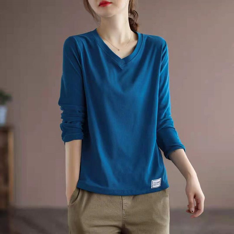 Spring/Autumn Korean V-Neck T-Shirt For Women, Long-Sleeve Loose Korean Slimming Versatile Top, Plus-Size Casual Base La_ecoleips.com