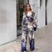 Women’s Clothing printing new fashion long sleeved bat shirt wide leg pants suit with belt_ecoleips.com