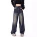 KENH Dark Blue Washed High-Waisted Straight-Leg Jeans For Women, New Spring-Summer Frayed Hem Wide-Leg Floor-Length_ecoleips.com