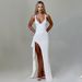 Women's Clothing Sexy Sling Slim Ruffled Deep V Side Slit Dress_ecoleips.com