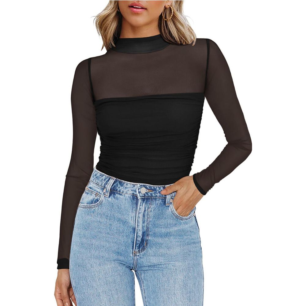 Sheer Mesh Long Sleeve Top For Women, Semi-Turtle Neck Y2K Aesthetic Stretchable Daily Basic T-Shirt_ecoleips.com