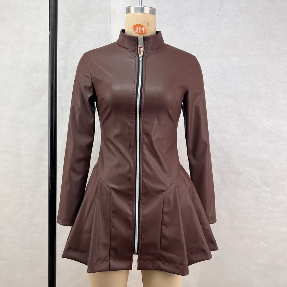 Women's Clothing Women's Slim Fit Long Sleeved Pleated Dress Fashionable European American Style With PU Leather Zipper_ecoleips.com