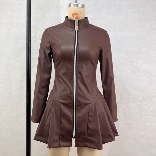 Women's Clothing Women's Slim Fit Long Sleeved Pleated Dress Fashionable European American Style With PU Leather Zipper_ecoleips.com