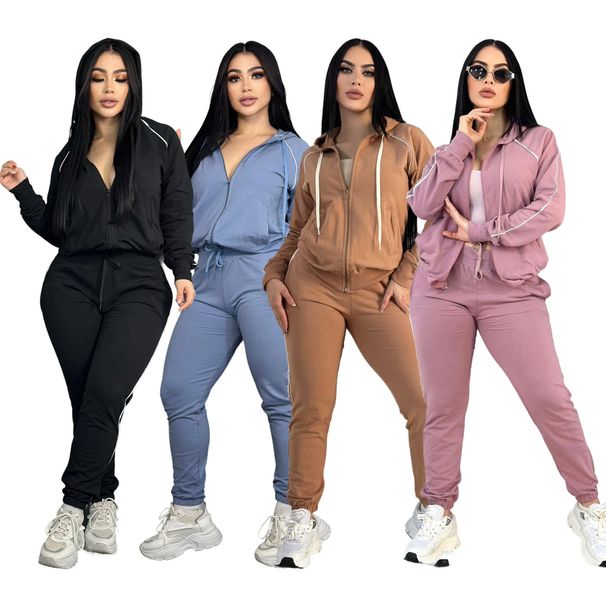 Women's Autumn Winter Casual Sports Suit Embroidered Letter Zipper Sweatshirt Multi Pocket Jogger Pants Trendy Q6297_ecoleips.com