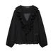Women's Layered Detail V-Neck Blouse - Sweet & Stylish Polyester Top With 3D Embellishments_ecoleips.com