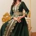 Women's Clothing Green Elegant Retro Lace Dress Ladies Belt V Neck Long Sleeve_ecoleips.com