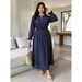 Large Size Women's Solid Color Polka Dot Dress V-neck Strap Waist Long Sleeve Fat Mm Gentle Wind Long Dress_ecoleips.com