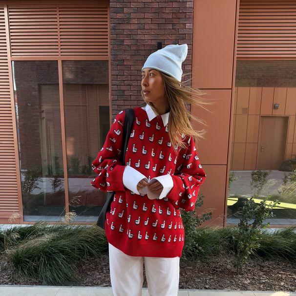 Lazy Luxe Color-Block Sweater – Oversized Jacquard Knit (S-L, Cotton-Poly Blend, Anti-Wrinkle, Unisex Work-to-Wine Essential)_ecoleips.com
