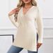 K Large Size Women's New Long Sleeved Solid Color V-neck Casual Home Pit Stripe Top_ecoleips.com