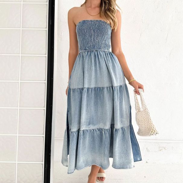 Women's Clothing Summer Ladies Elegant Hem Spliced Side Slit Tube Top Cake Denim Long Skirt_ecoleips.com