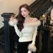 girl Christmas New Year Outfit Red Frayed Edge Knitted Women's Autumn Winter Slim Sexy Sweater Off-Shoulder Top_ecoleips.com