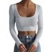 Women's Clothing Large Round Neck Long Sleeve Threaded Ultra Short Slim Fit T Shirt_ecoleips.com