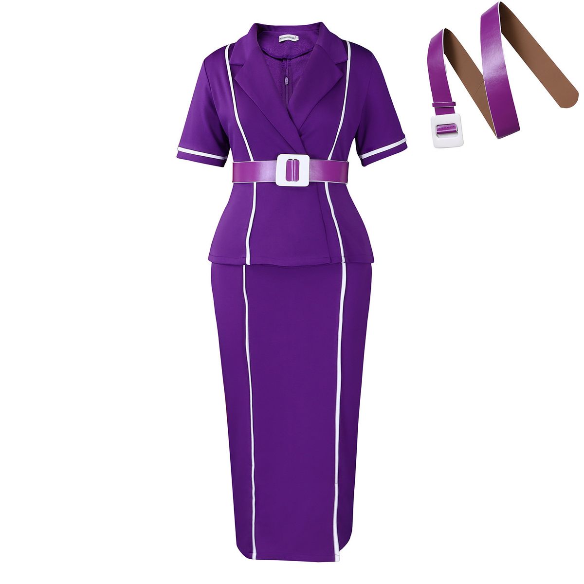 Women's Clothing Elegant Short Sleeved Suit Collar Chic Sleeveless Blazer Dress With Belt | High-Waist Pencil Dress For Office & Evening_ecoleips.com
