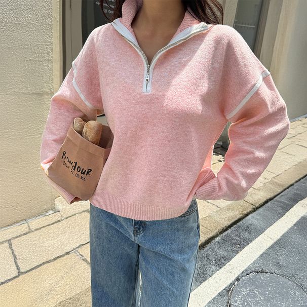 Diyun European And American Casual Simple Solid Color Long Sleeve Zipper Sweater Women's Fashion 2025_ecoleips.com