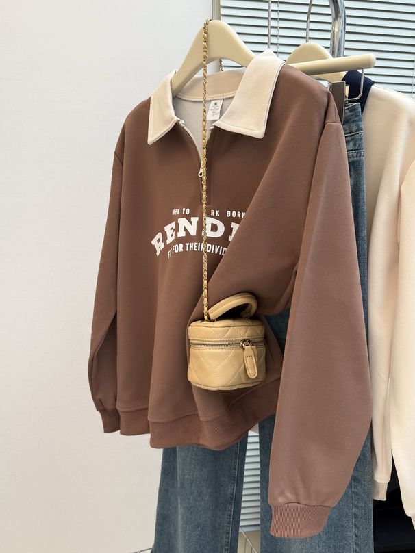 European American Style Real Shot Plus-size Printed Half-zip Long-sleeve Sweatshirt Women, Thin Loose-fit Polo Collar_ecoleips.com