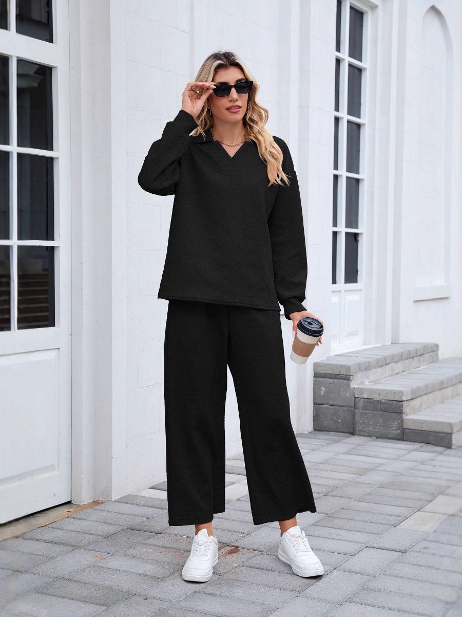 Fall Pure Color Simple Casual Suit Female Fashion Long Sleeve Top And Trousers Two-Piece Set Female_ecoleips.com
