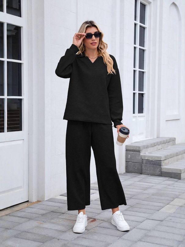 Fall Pure Color Simple Casual Suit Female Fashion Long Sleeve Top And Trousers Two-Piece Set Female_ecoleips.com