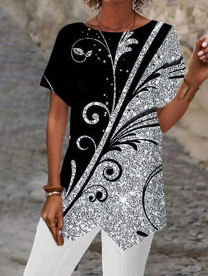 Women's Geometric Print Loose T-Shirt Short Sleeve Irregular Hem_ecoleips.com