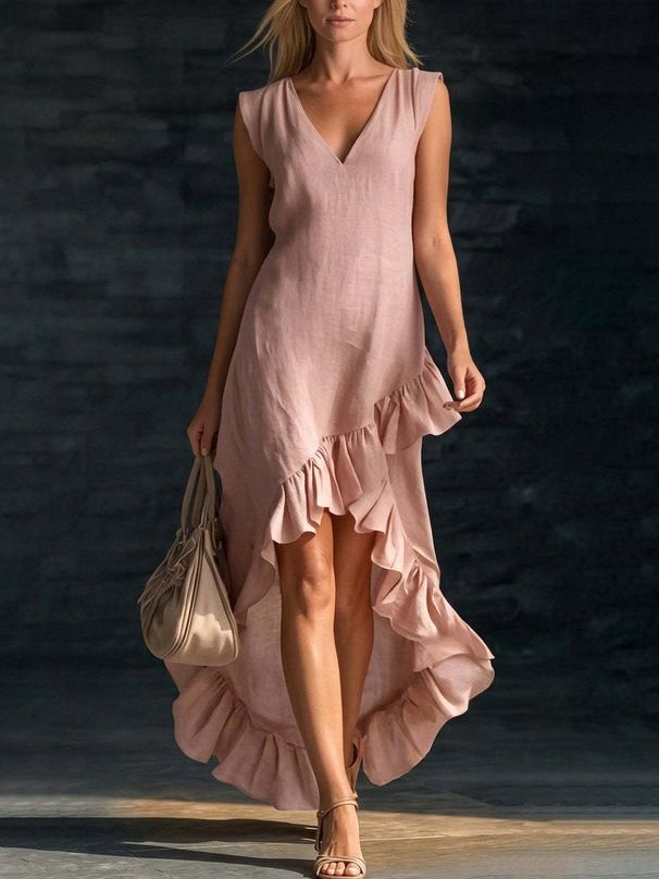 New Women's Clothing Fashionable Romantic Sleeveless V Neck Ruffled Hem Long Dress Casual Cotton Linen Clothing_ecoleips.com