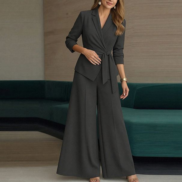 Women's Fashionable Spring Commuter Two Piece Set American Style Lace Up Jacket And Trousers Solid Color Lazy Style_ecoleips.com