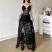 2025 Summer New Women's Clothing Sexy Pure Black Lace Hollow High Slit Dress_ecoleips.com