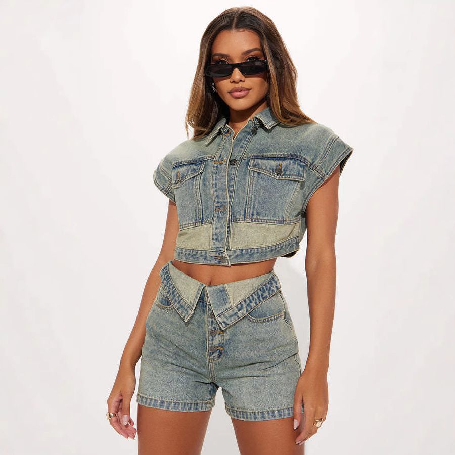 Women's Clothing Fashion Casual Stretch Denim Color Matching Slim Hip Shorts Suit_ecoleips.com