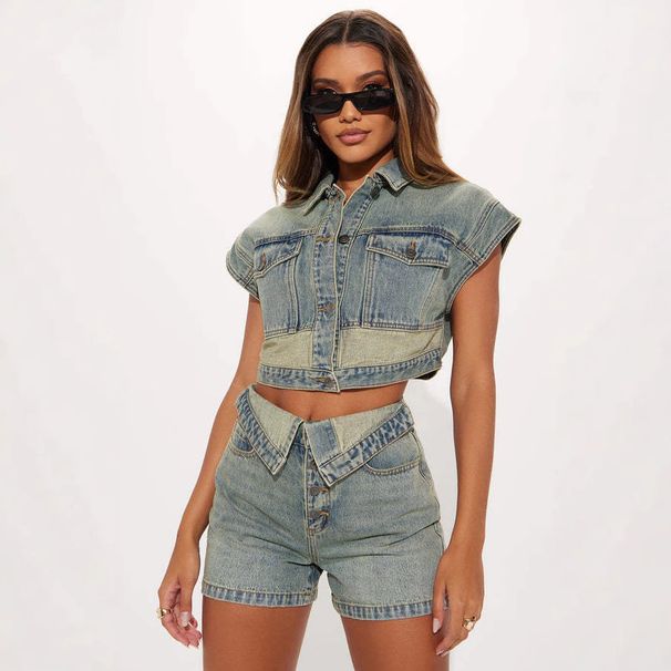 Women's Clothing Fashion Casual Stretch Denim Color Matching Slim Hip Shorts Suit_ecoleips.com