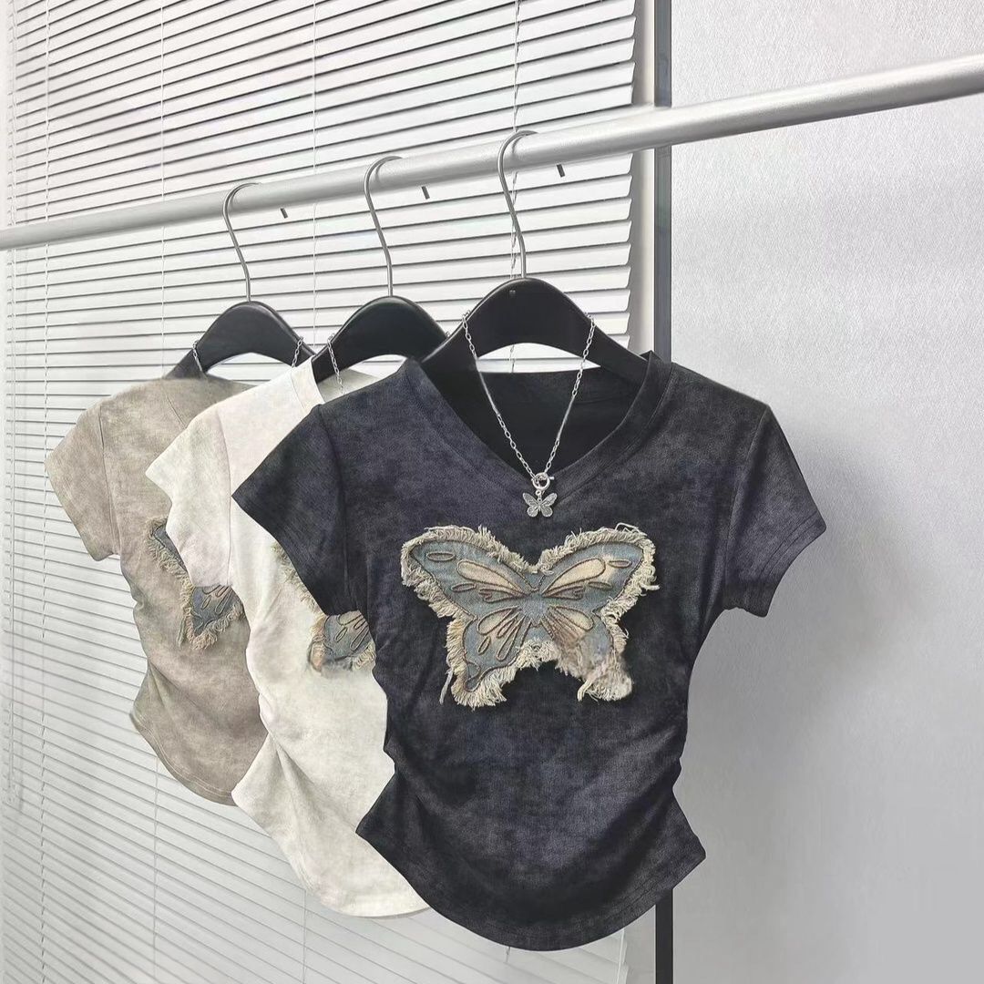 Women's Clothing Summer Tie Dye Denim Butterfly Embroidered Short Sleeves With Retro Denim Midi Skirt_ecoleips.com