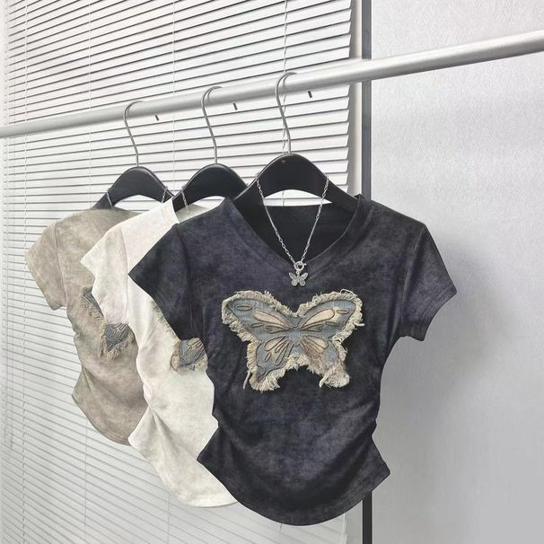 Women's Clothing Summer Tie Dye Denim Butterfly Embroidered Short Sleeves With Retro Denim Midi Skirt_ecoleips.com