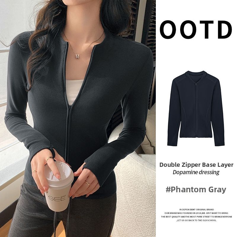 Women's Double Zipper Fleece Jacket - Soft Knit Slim Fit Cropped Cardigan For Autumn & Winter (Black, Grey, Brown, Pink)_ecoleips.com