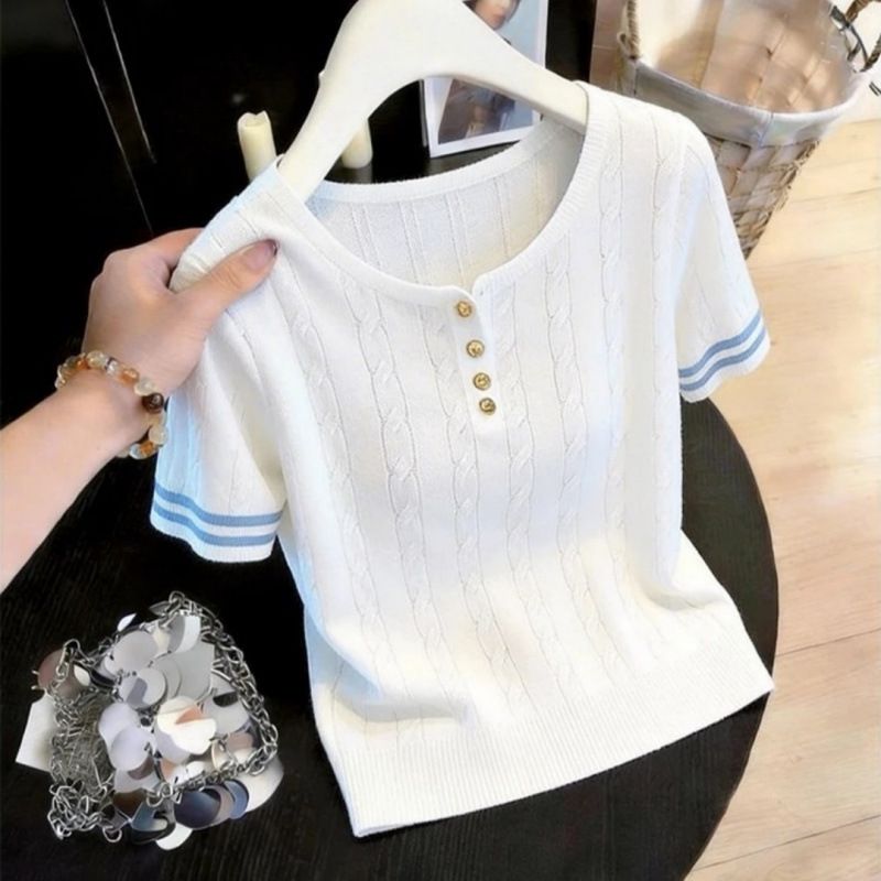 Women's Cable Striped Short-Sleeved Knit Top Lightweight Round Neck T-Shirt Loose Fit Slimming Ice Silk Top For Spring/Summer_ecoleips.com