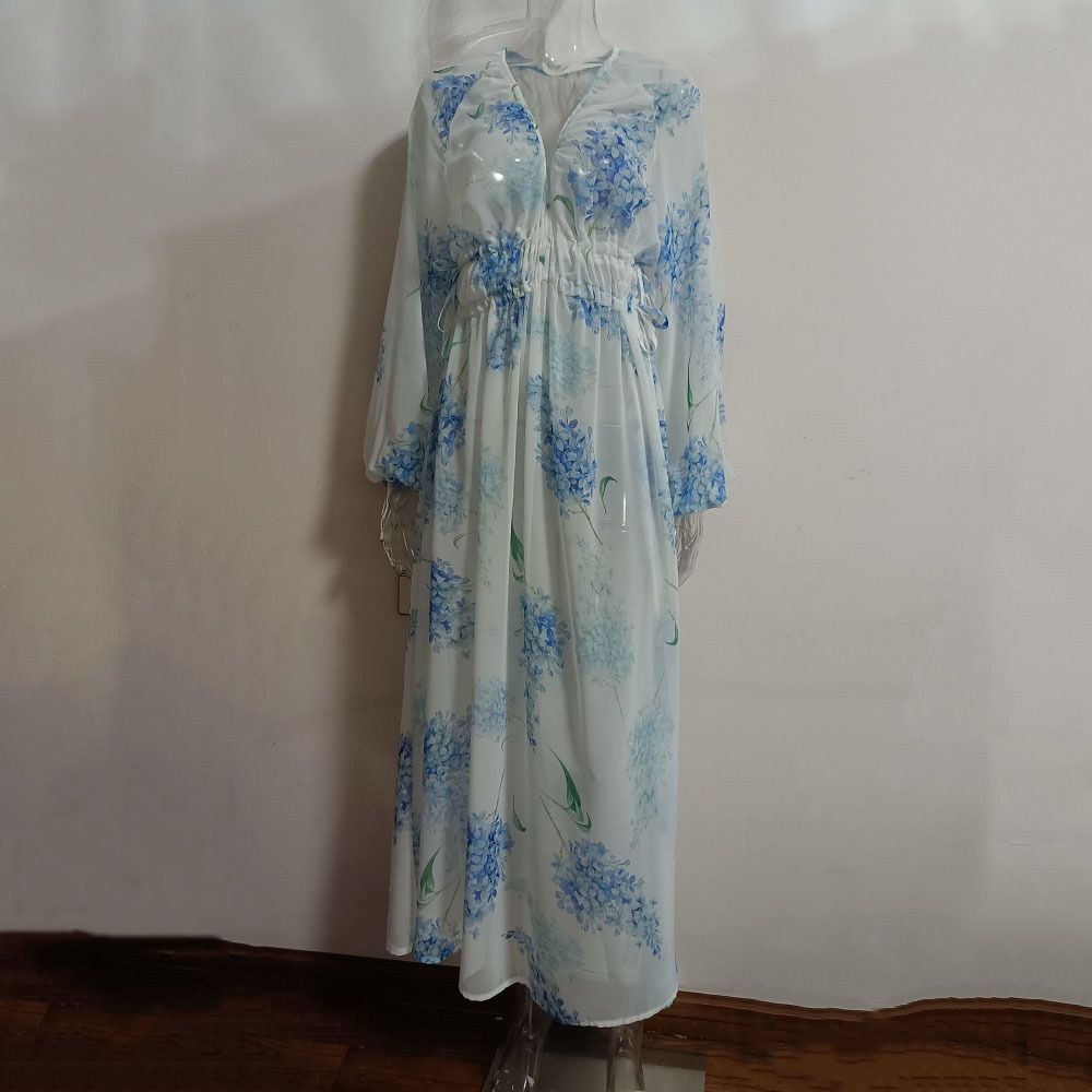 Women's Clothing Printed Chiffon See Through V Neck Long Sleeved Bohemian Dress_ecoleips.com