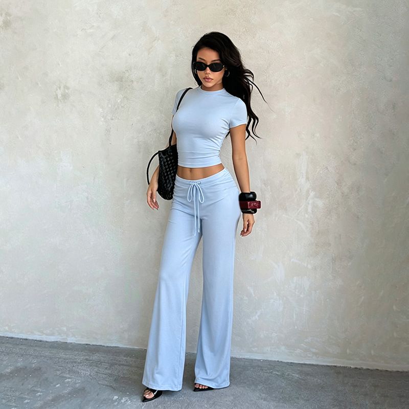 YL26309TKO Women's Casual Two Piece Set Slim Fit round Neck Elegant Top Wide Leg Pants Drawstring Cross Border_ecoleips.com