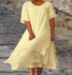 Women's Clothing Fashion Casual Double Layer Slit Short Sleeved Round Neck Dress_ecoleips.com