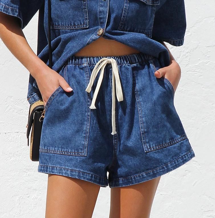 2025 European American Cross-Border Retro Casual Loose Short Sleeve Shirt And Shorts Denim Two-Piece Set For Women_ecoleips.com