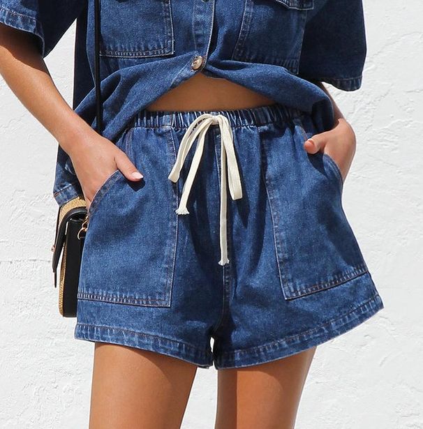 2025 European American Cross-Border Retro Casual Loose Short Sleeve Shirt And Shorts Denim Two-Piece Set For Women_ecoleips.com