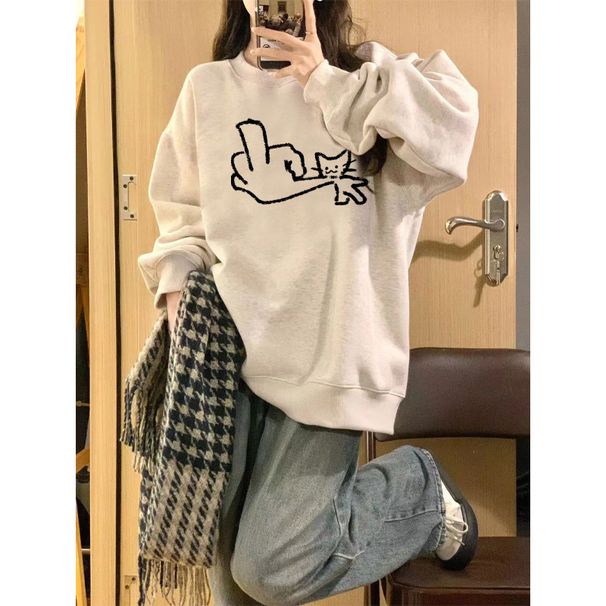 Women's Korean Style High Street Thick Pullover Sweatshirt Fleece Lined Crew Neck Print Loose Fit Trendy Autumn/Winter_ecoleips.com