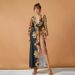 Women's Sexy Deep V Neck Tummy Concealing Swimsuit Retro Print French Style Long Robe Two Piece Set Slimming Design For Summer Vacation_ecoleips.com