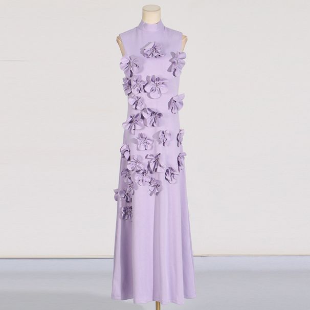 Women's Clothing Temperamental And Elegant Style Stand Up Collar Sleeveless Solid Color Long Dress Three Dimensional Flower Collage Design Long Dress_ecoleips.com