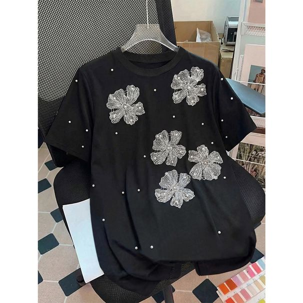 Plus-Size Embroidered Floral T-Shirt – Elegant Beaded Blouse For Women, Loose Fit & Breathable (1XL-4XL, Black)_ecoleips.com