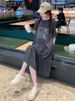 Ruffled Short Sleeve Over-the-Knee Mermaid Plus Size 150kg Summer Loose Belly-Covering Slimming T-Shirt Dress_ecoleips.com