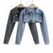 "Women's Cropped Denim Jacket - High Waist Shawl Collar Retro Style (Light Blue/Black Gray)"_ecoleips.com