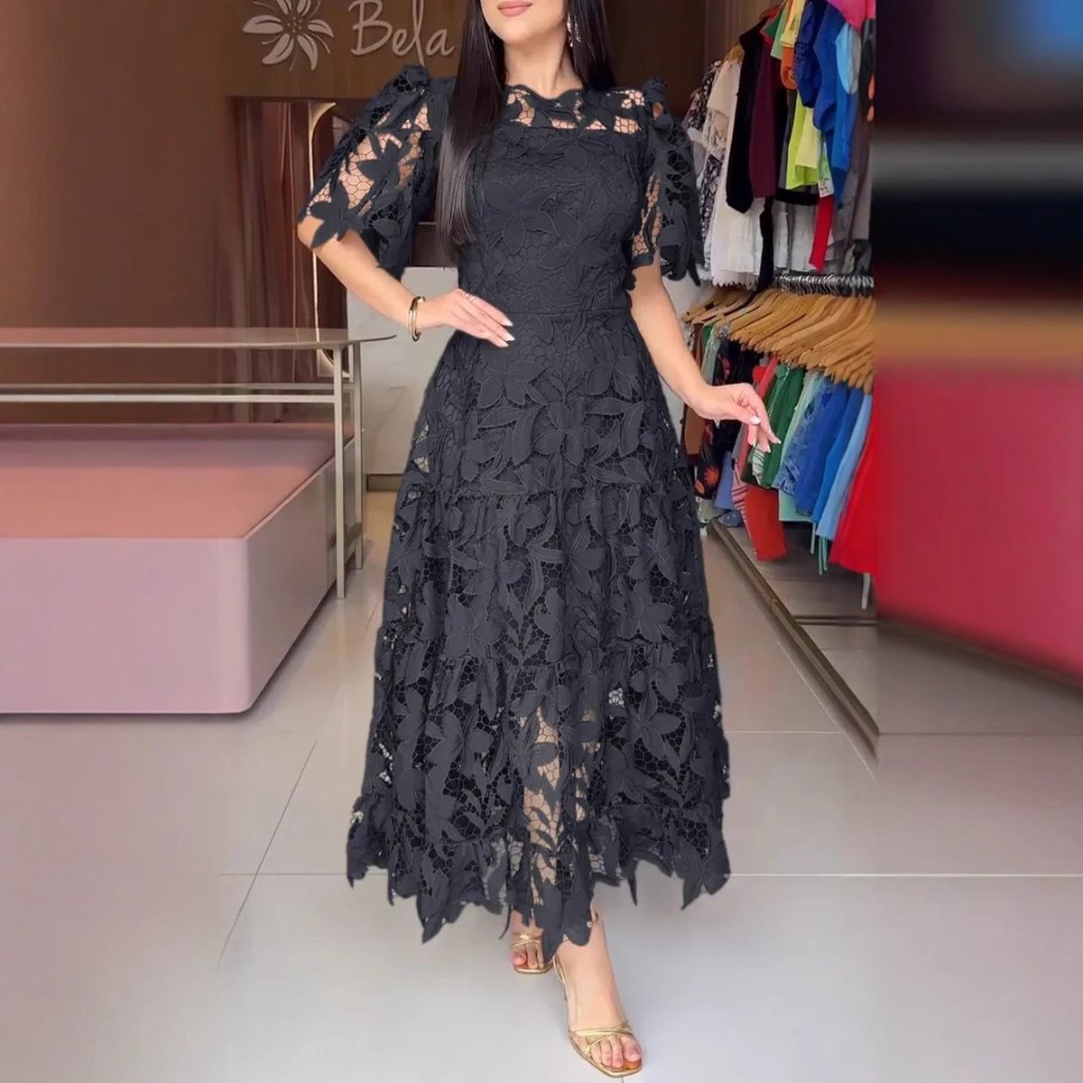 Women's Clothing Summer New Women's Temperament Round Neck Hollow Lace Dress Women's Clothing_ecoleips.com