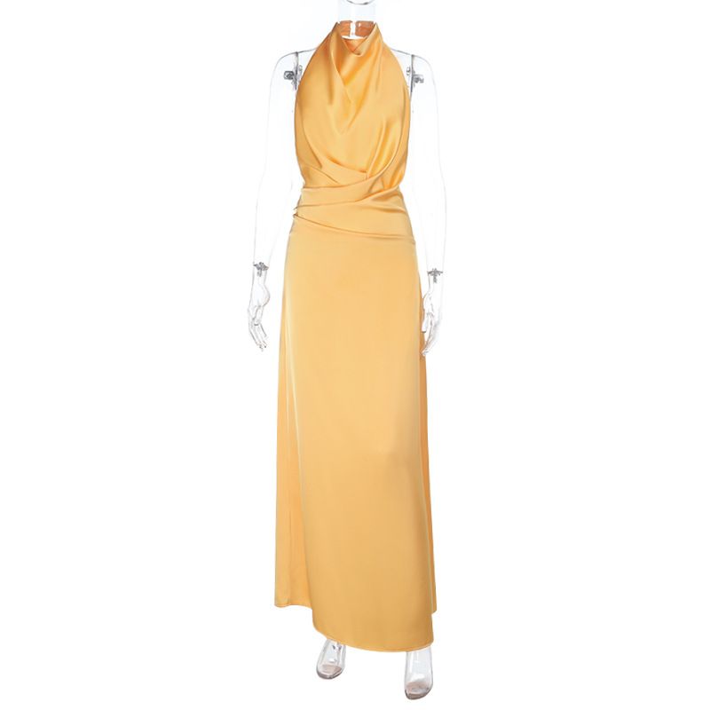YJ25238 Women's Halter Neck Satin Dress Backless Long Evening Gown European American Style Cross Border Fashion_ecoleips.com
