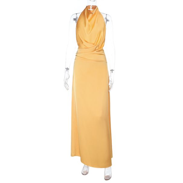 YJ25238 Women's Halter Neck Satin Dress Backless Long Evening Gown European American Style Cross Border Fashion_ecoleips.com