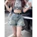 2025s American Style Spicy Girl Ripped Frayed Hem Denim Shorts For Women Summer Niche Design High Waist A-line Hot Pants_ecoleips.com