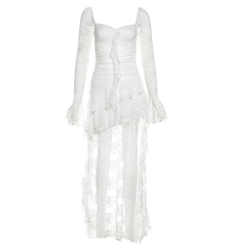 Women's High Waist Lace Patchwork Dress European American Style Solid Color Square Neck Long Sleeve Autumn Fashion 2024_ecoleips.com