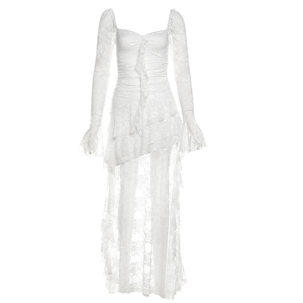 Women's High Waist Lace Patchwork Dress European American Style Solid Color Square Neck Long Sleeve Autumn Fashion 2024_ecoleips.com